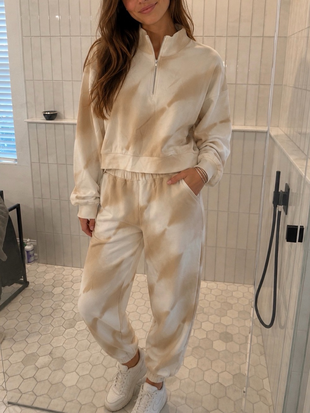 Gianni Bini Beige Tie-Dye Cropped Quarter-Zip Sweatshirt & Joggers